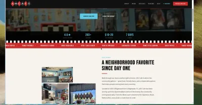 Neighborhood story section with interior photography — a conversion-focused homepage that sells atmosphere, scratch cooking, and community before visitors hit the menu.