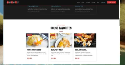 House Favorites merchandising — Turkey Avocado Benedict, Meat Lover’s Omelet, and Steak, Rattle & Roll priced and presented for hungry local searchers and walk-ins.